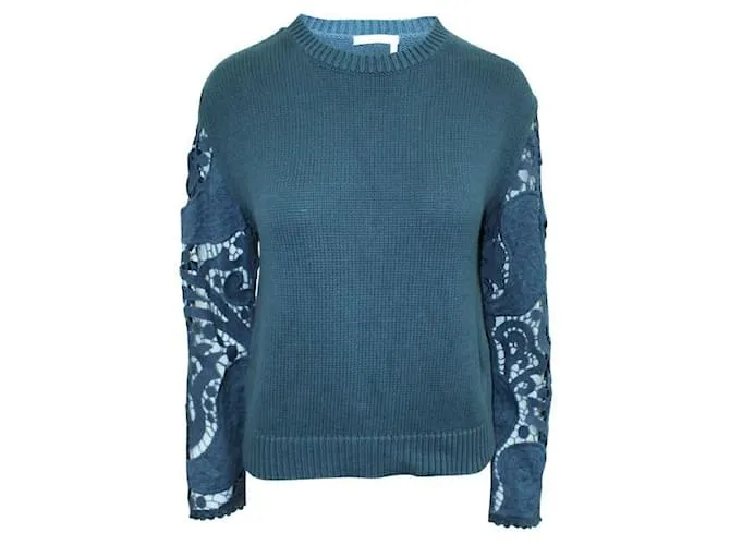 Autre Marque DISEÑADOR CONTEMPORÁNEO Suéter de punto azul marino con mangas bordadas 