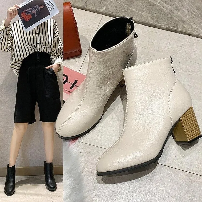 Botas de moda en otoño invierno, tacón grueso y cabeza cuadrada beige, botas cortas finas para mujer