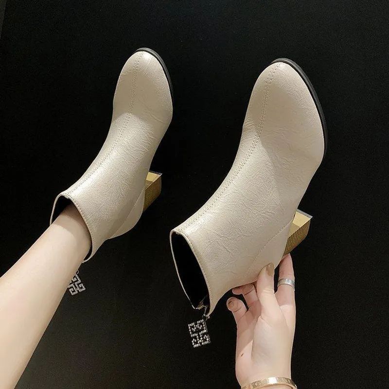 Botas de moda en otoño invierno, tacón grueso y cabeza cuadrada beige, botas cortas finas para mujer
