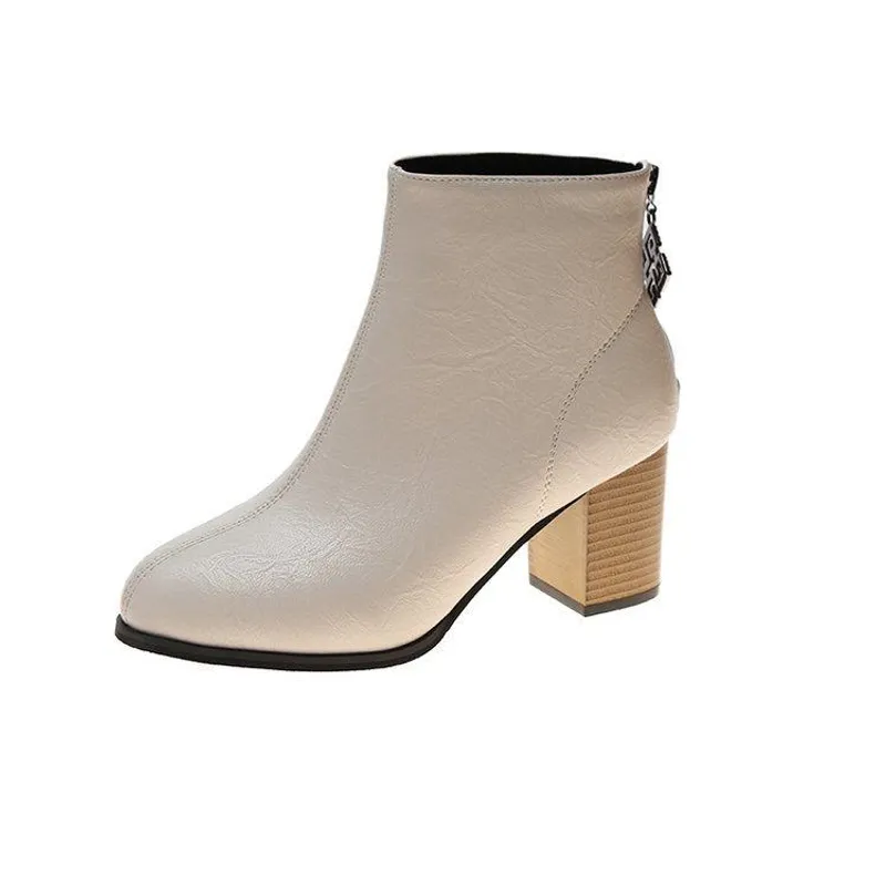 Botas de moda en otoño invierno, tacón grueso y cabeza cuadrada beige, botas cortas finas para mujer