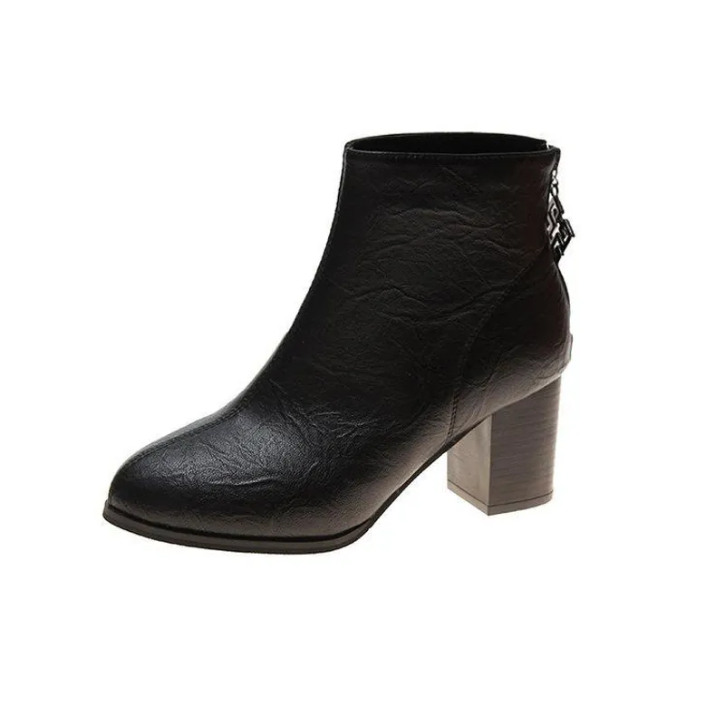 Botas de moda en otoño invierno, tacón grueso y cabeza cuadrada beige, botas cortas finas para mujer