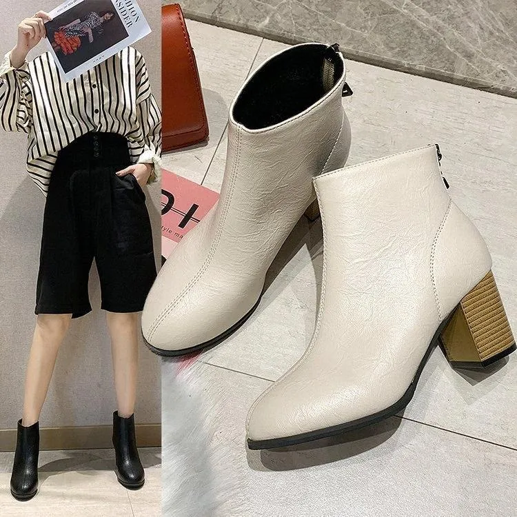 Botas de moda en otoño invierno, tacón grueso y cabeza cuadrada beige, botas cortas finas para mujer
