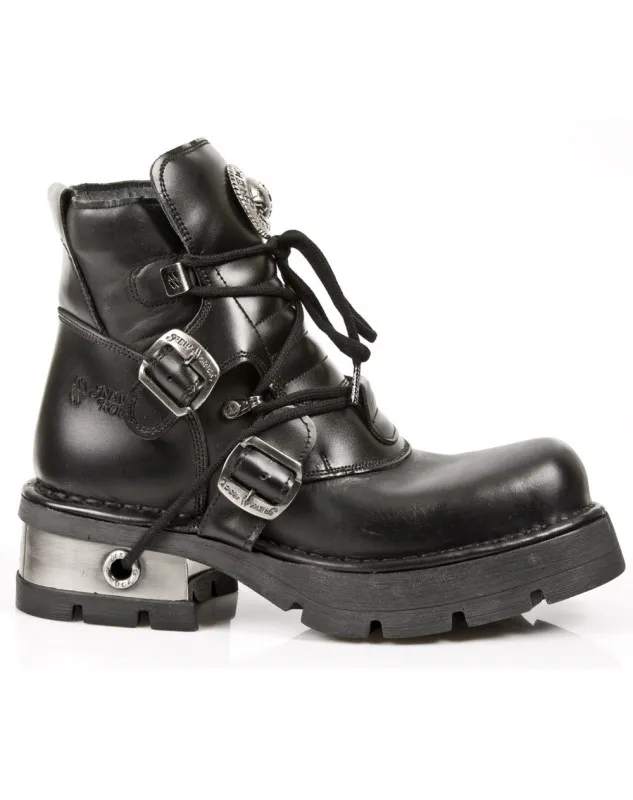 BOTINES DE CUERO NEGRO CON CORDONES Y HEBILLAS