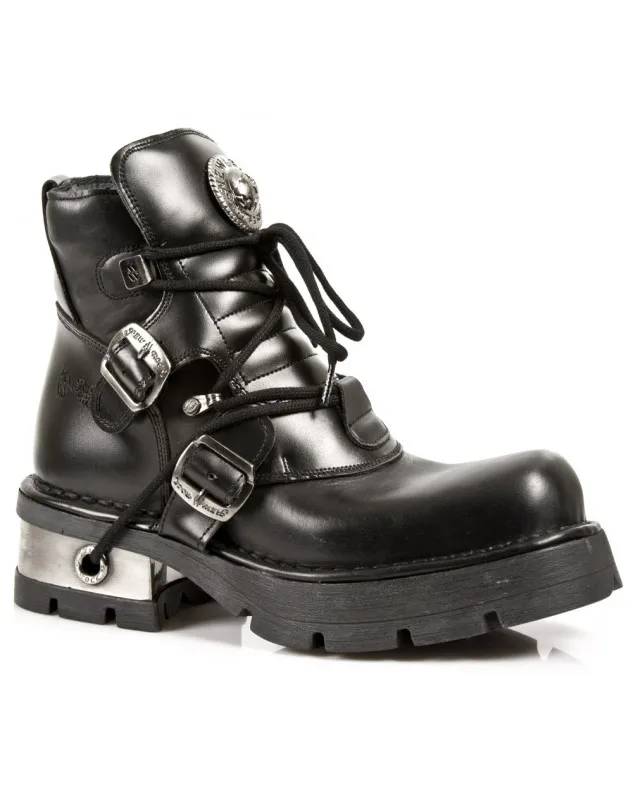 BOTINES DE CUERO NEGRO CON CORDONES Y HEBILLAS