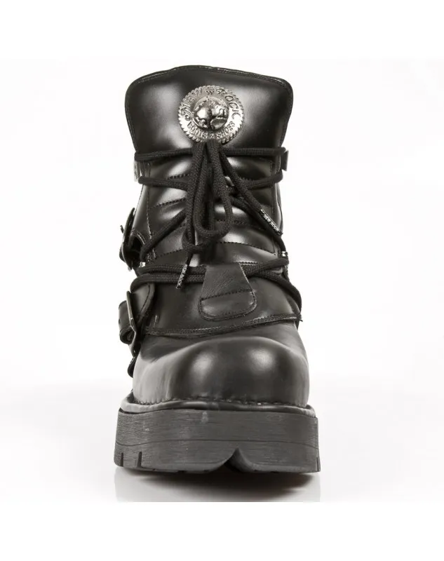 BOTINES DE CUERO NEGRO CON CORDONES Y HEBILLAS