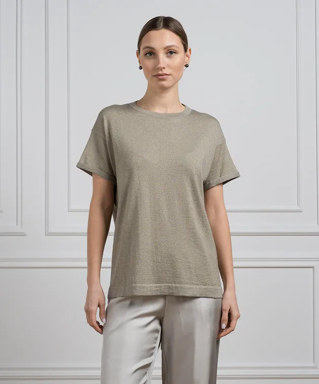 BRUNELLO CUCINELLI GREEN TSHIRT WITH CASHMERE AND SILK WITH LUREX
