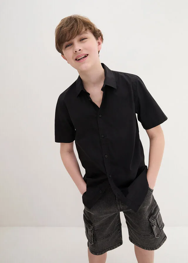 Camisa elástica de manga corta con corte slim para niños Negro