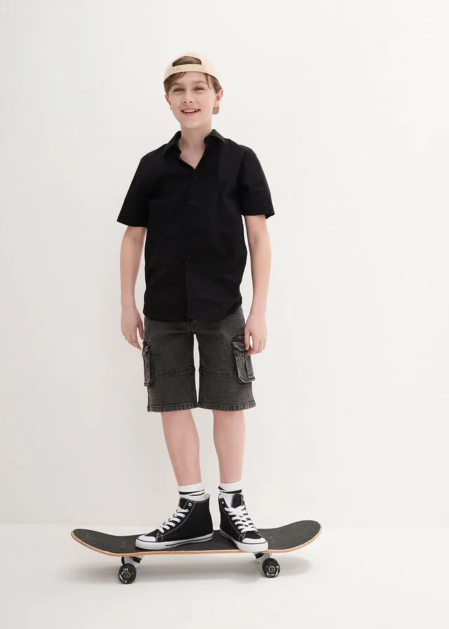 Camisa elástica de manga corta con corte slim para niños Negro