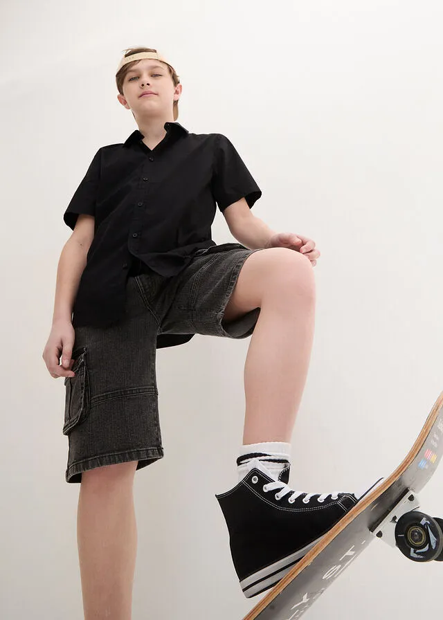 Camisa elástica de manga corta con corte slim para niños Negro