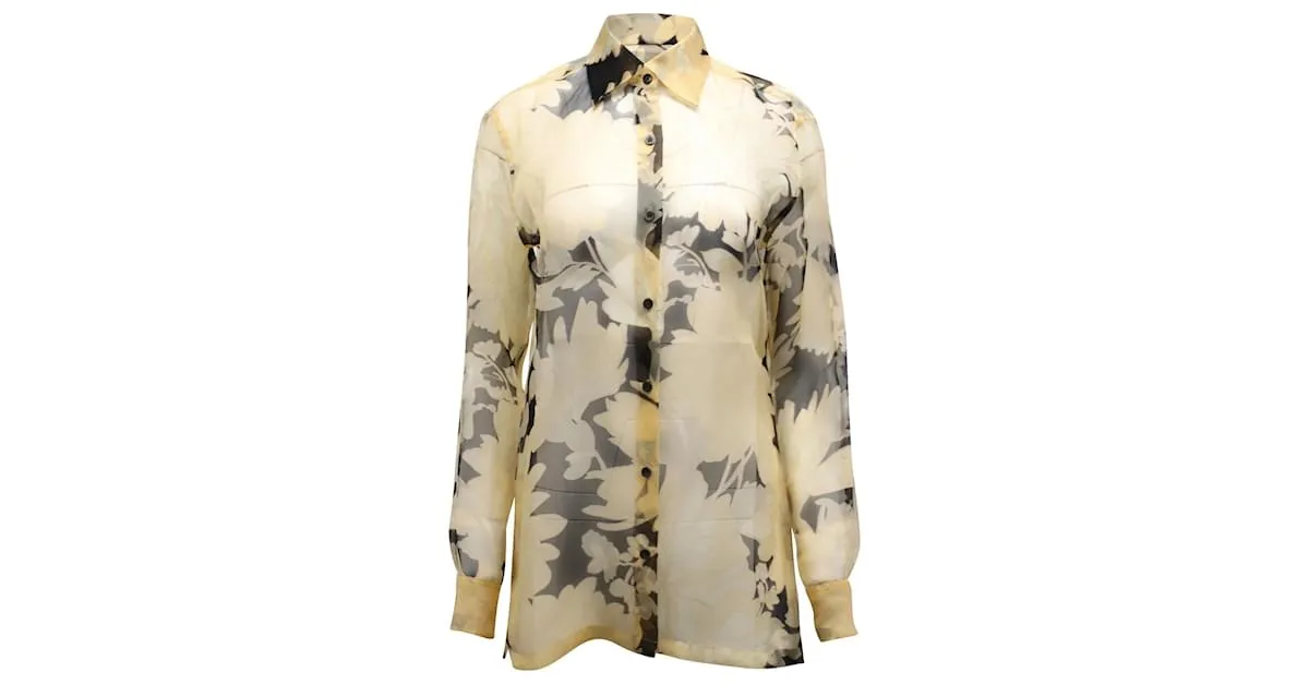 Camisa floral transparente en seda amarilla de Dries Van Noten 
