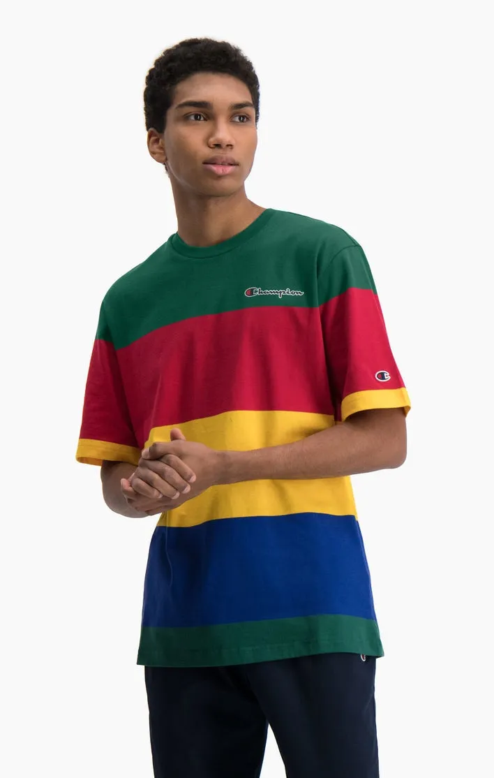CAMISETA MANGA CORTA CHAMPION HOMBRE CUELLO REDONDO COLOUR BLOCK STRIPE TSHIRT REF. 214352 FRANJAS VERDE ROJA AMARILLA Y MARINO