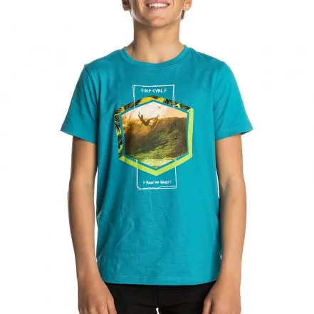 CAMISETA RIP CURL NIñO MANGA CORTA SURFERA ACTION PALM SS TEE TSHIRT BARRIER BLUE REF. KTELN4 AZUL SURF