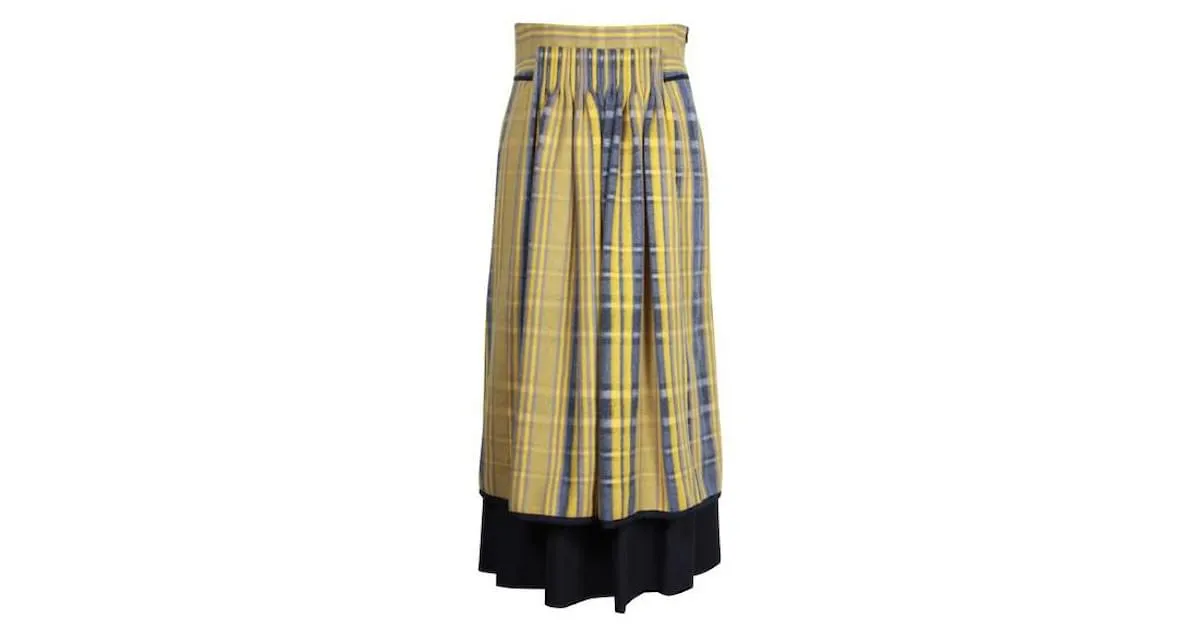 Hermès Falda de lana a cuadros amarilla y gris Amarillo 