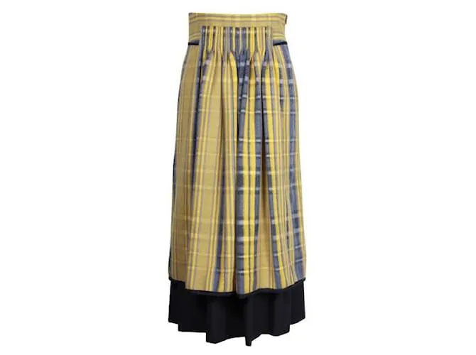 Hermès Falda de lana a cuadros amarilla y gris Amarillo 