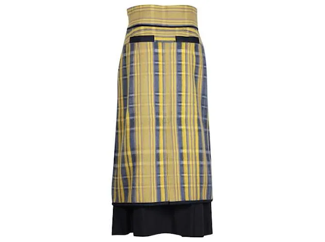 Hermès Falda de lana a cuadros amarilla y gris Amarillo 