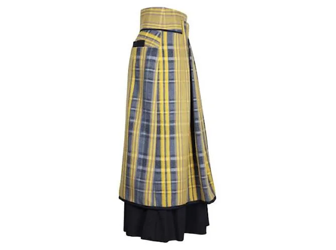Hermès Falda de lana a cuadros amarilla y gris Amarillo 