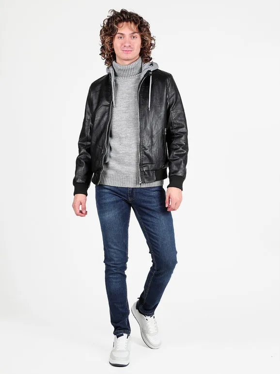 Jeans Yesed Cazadora de hombre efecto piel con forro de pelo sintético y capucha polar
