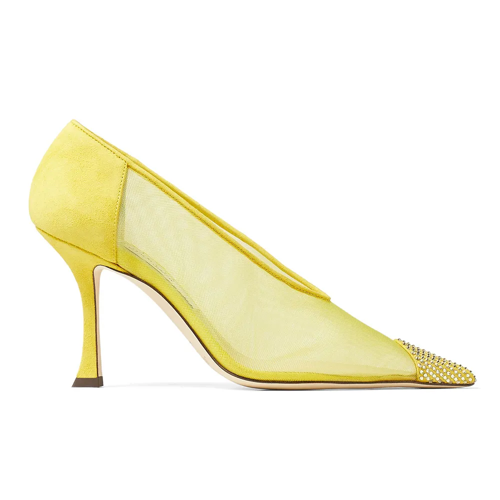 Jimmy Choo Mujer Nicole 90 Zapatos de tacón de gamuza y malla amarilla con adornos de cristal