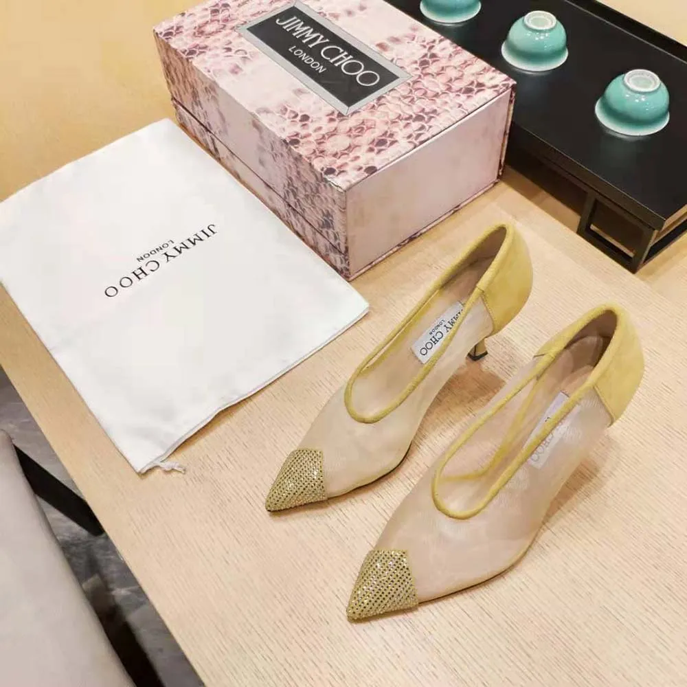 Jimmy Choo Mujer Nicole 90 Zapatos de tacón de gamuza y malla amarilla con adornos de cristal