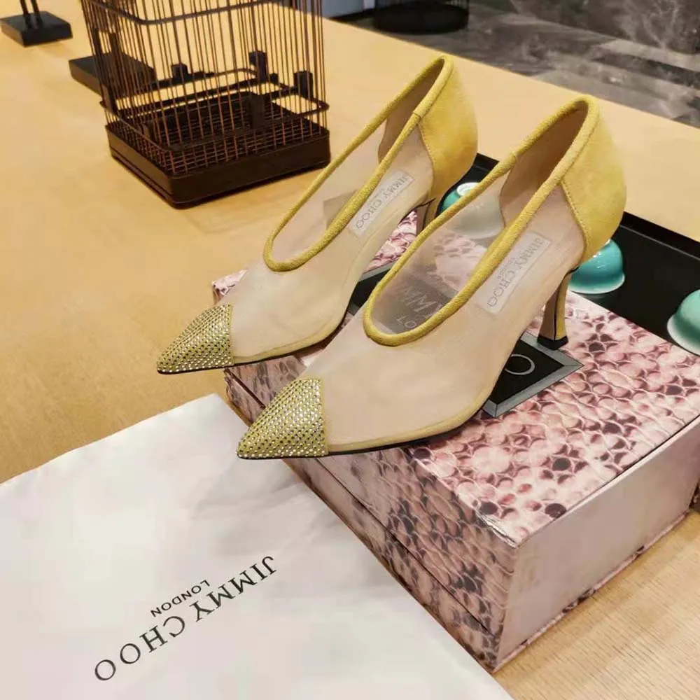 Jimmy Choo Mujer Nicole 90 Zapatos de tacón de gamuza y malla amarilla con adornos de cristal