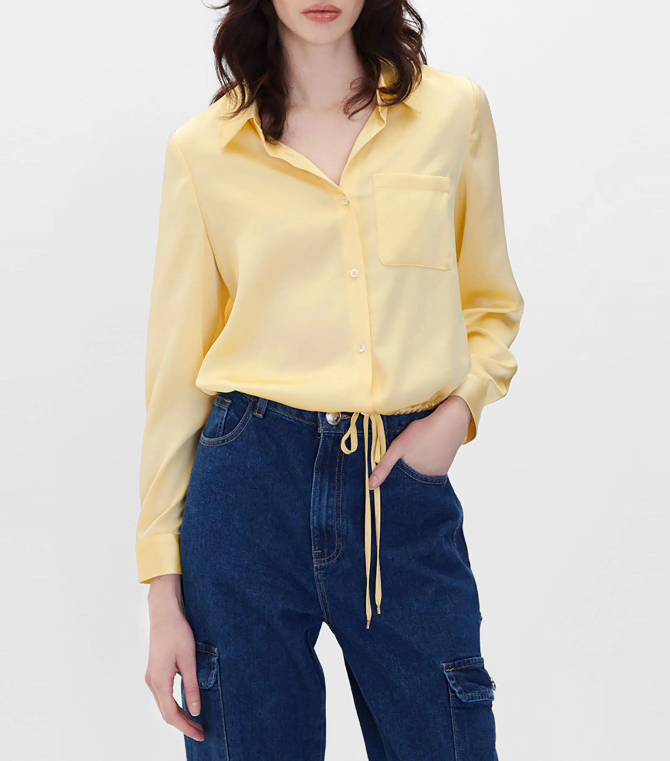 Julio Blusa de Satín Amarilla con Jaretas Mujer