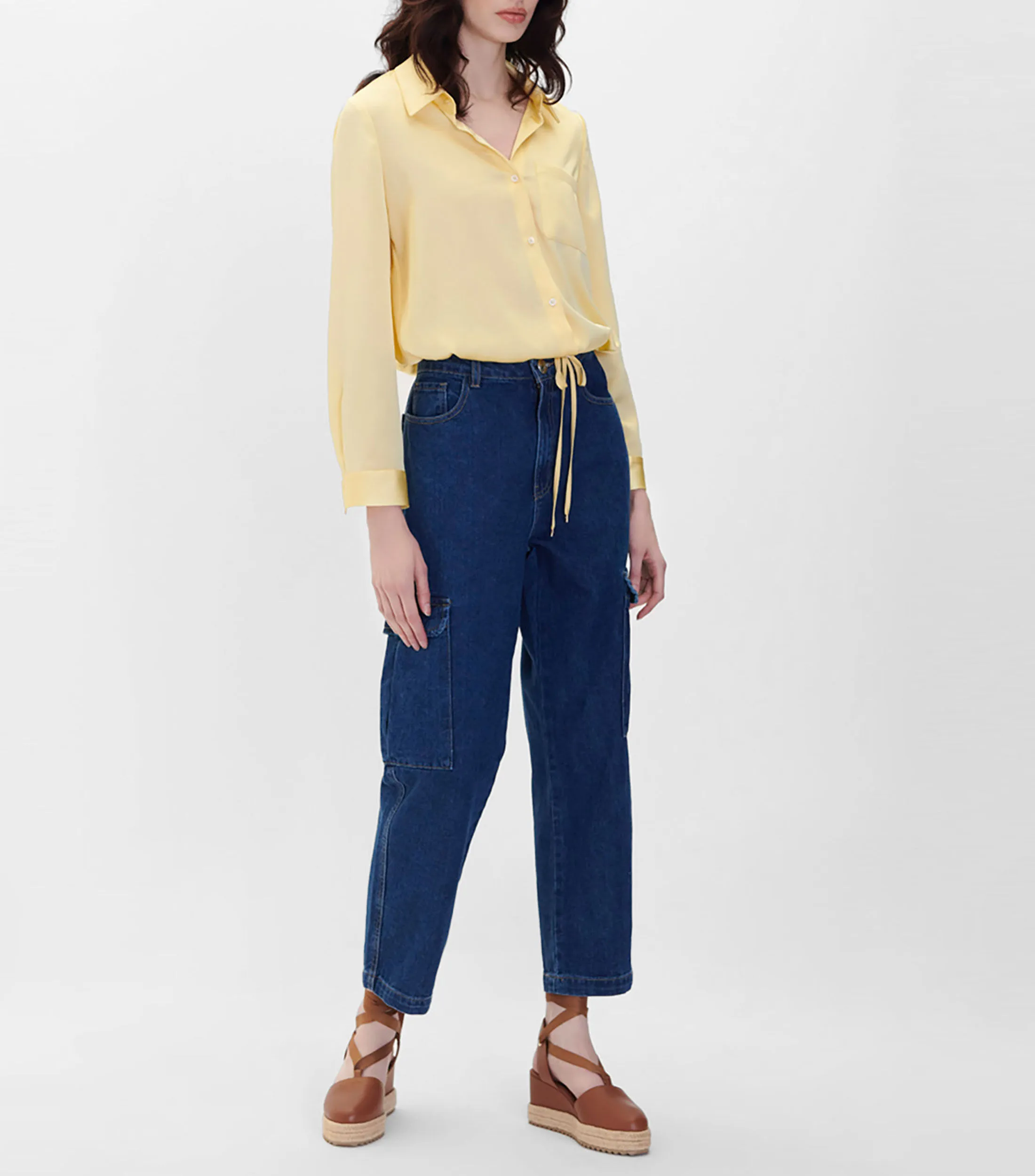 Julio Blusa de Satín Amarilla con Jaretas Mujer