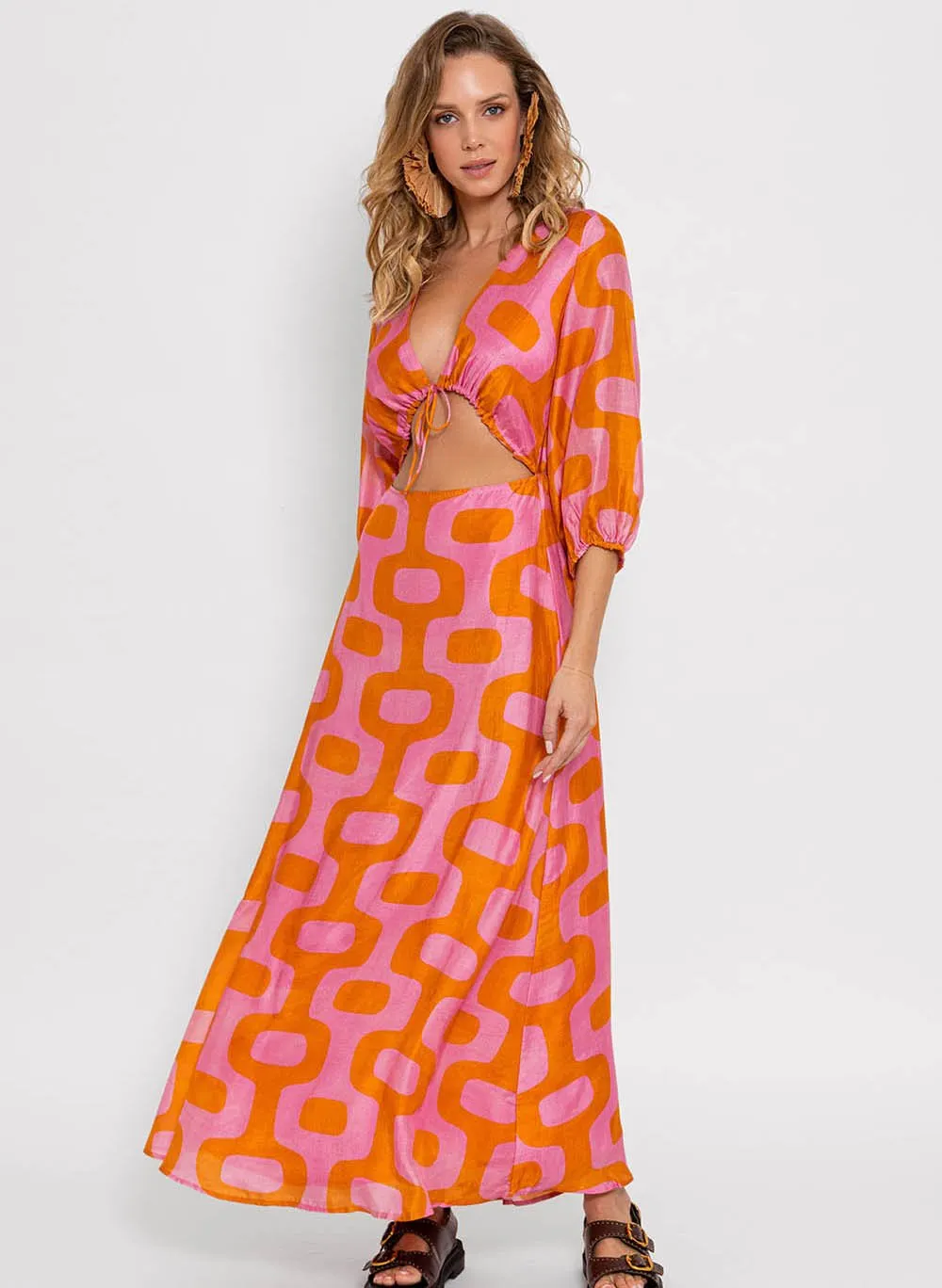 KIM  VESTIDO LARGO ABIERTO ESTAMPADO EN MULTICOLOR