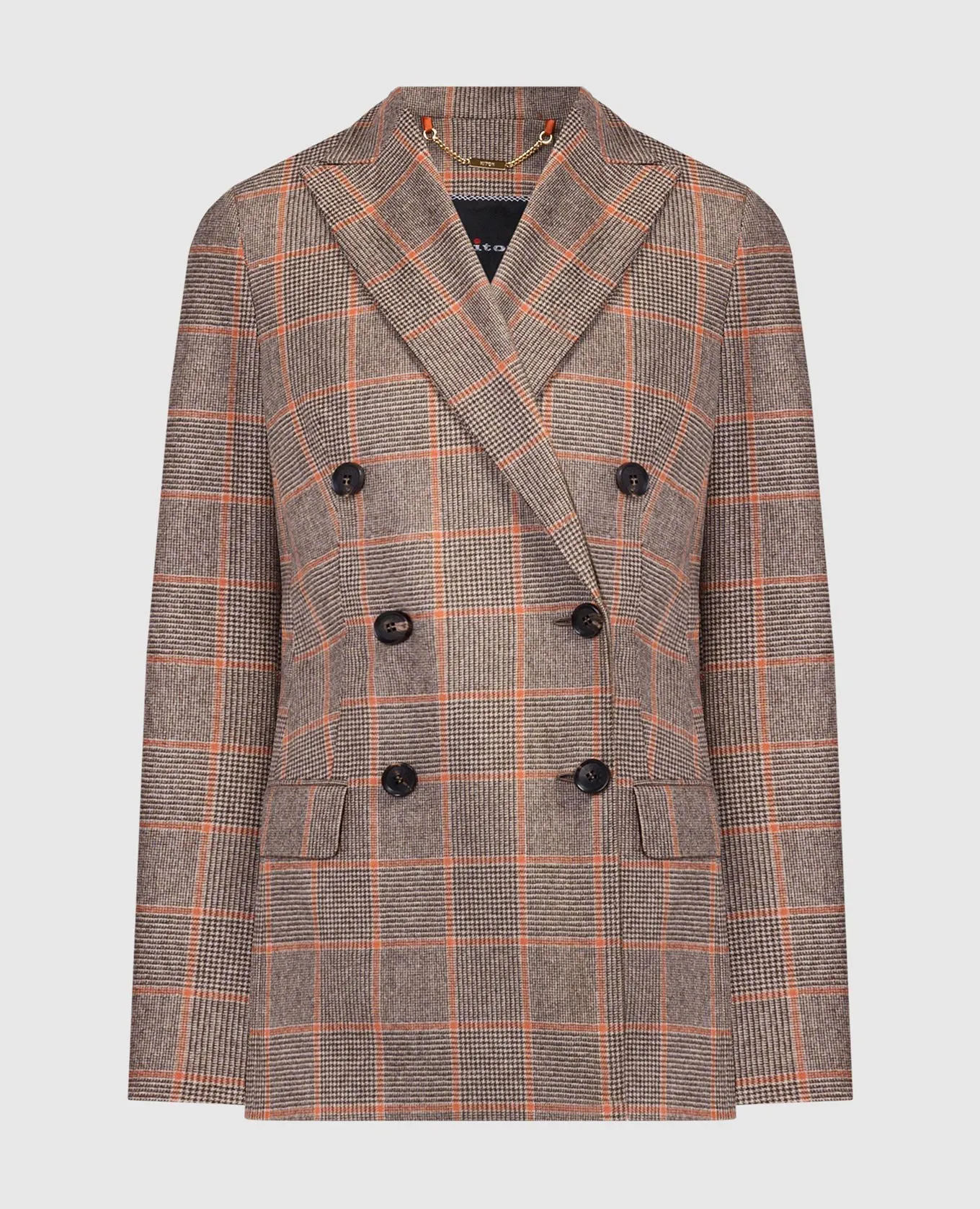 KITON BROWN DOUBLEBREASTED CHECK WOOL AND CASHMERE JACKET
