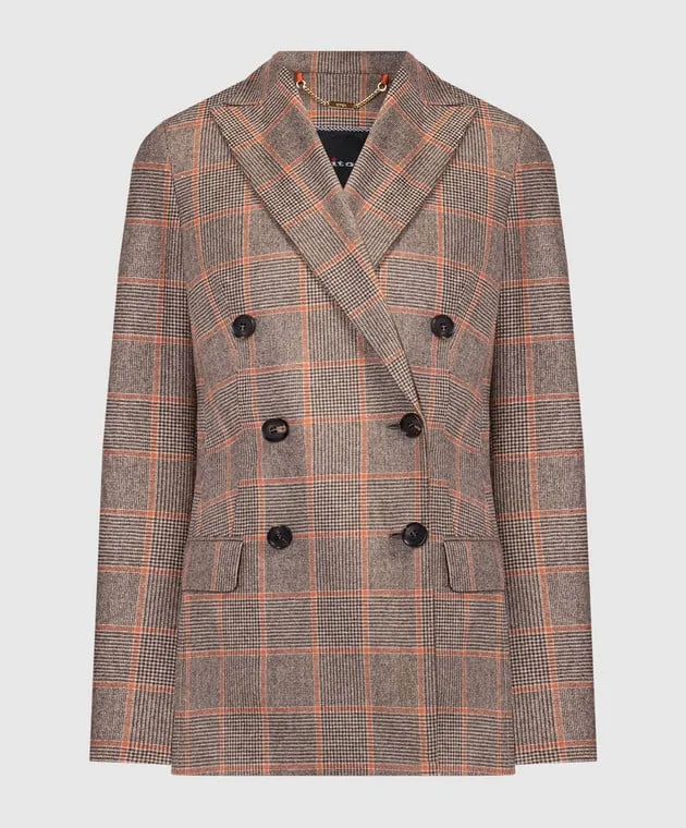 KITON BROWN DOUBLEBREASTED CHECK WOOL AND CASHMERE JACKET