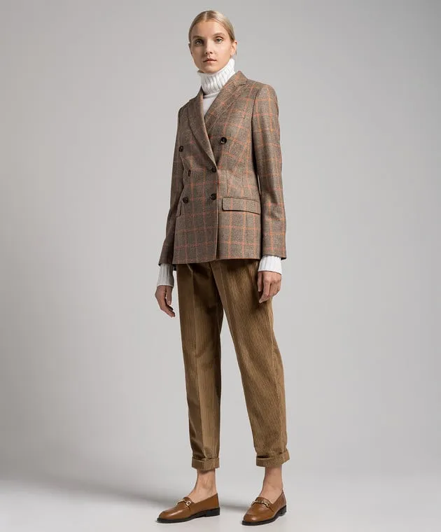 KITON BROWN DOUBLEBREASTED CHECK WOOL AND CASHMERE JACKET