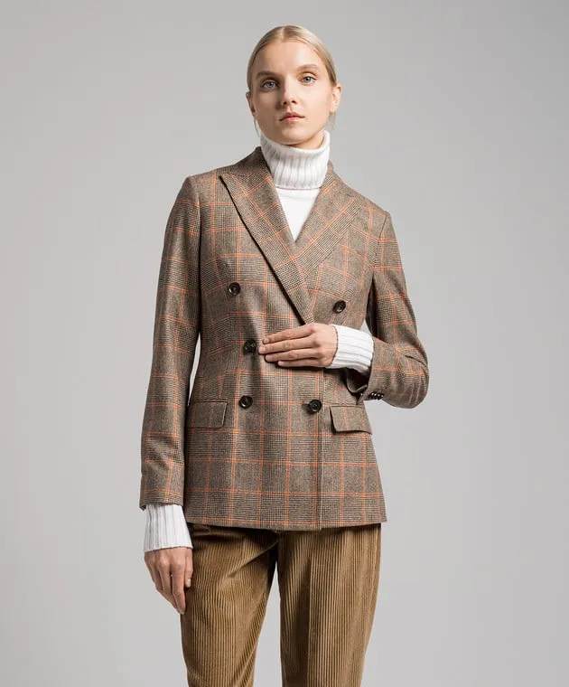 KITON BROWN DOUBLEBREASTED CHECK WOOL AND CASHMERE JACKET