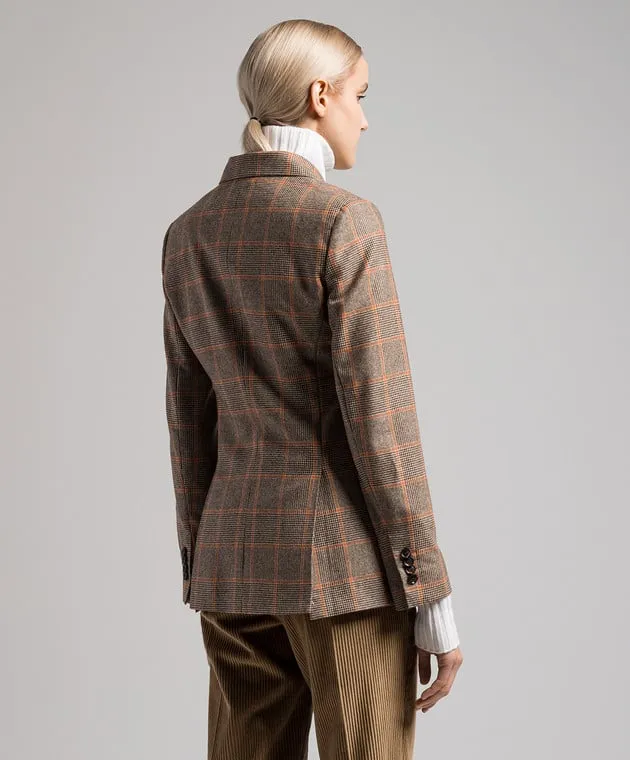KITON BROWN DOUBLEBREASTED CHECK WOOL AND CASHMERE JACKET