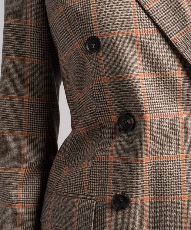 KITON BROWN DOUBLEBREASTED CHECK WOOL AND CASHMERE JACKET