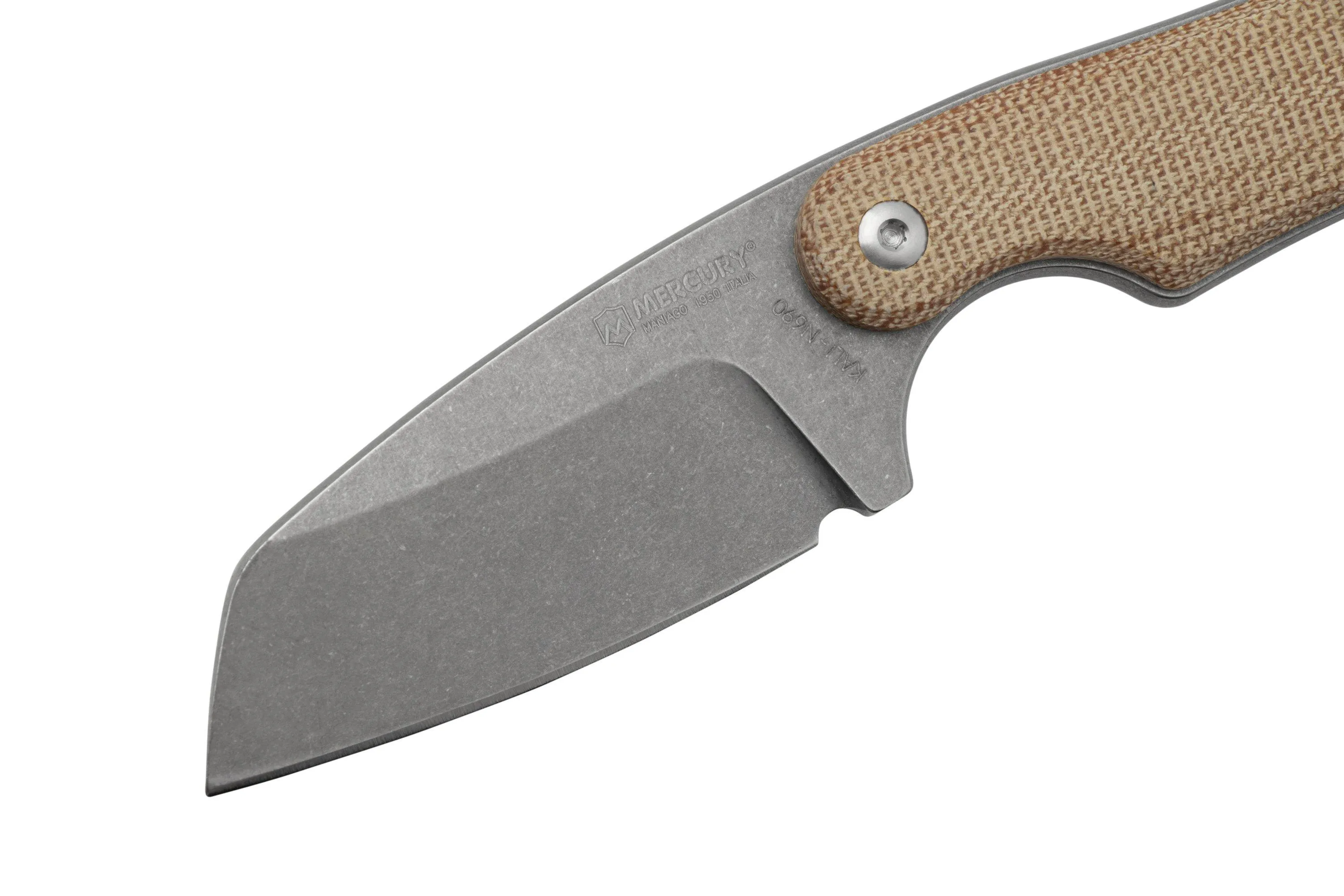 Mercury Kali N690 Stonewashed Sheepsfoot, Natural Canvas Micarta, cuchillo fijo
