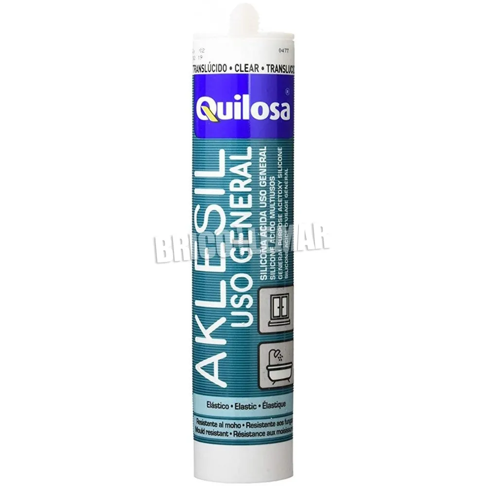 Pack de 2 cartuchos de silicona ácida Aklesil transparente Quilosa y pistola para silicona Bellota