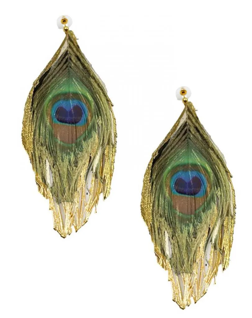 PENDIENTES LARGOS DE PLUMA AUTENTICA PAVO REAL PRESERVADA