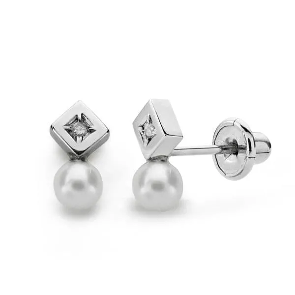 Pendientes Oro Blanco Diamantes y Perla