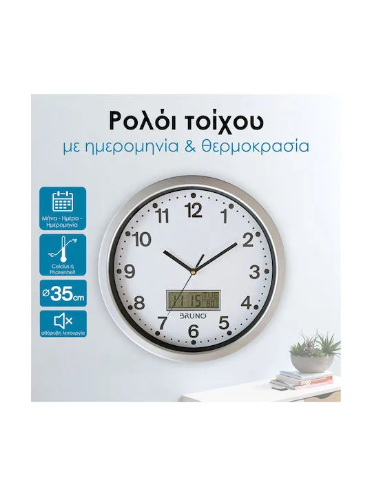 RELOJ DE PARED BRUNO BRN0123 CON FECHA Y TEMPERATURA, 35 CM, BLANCO