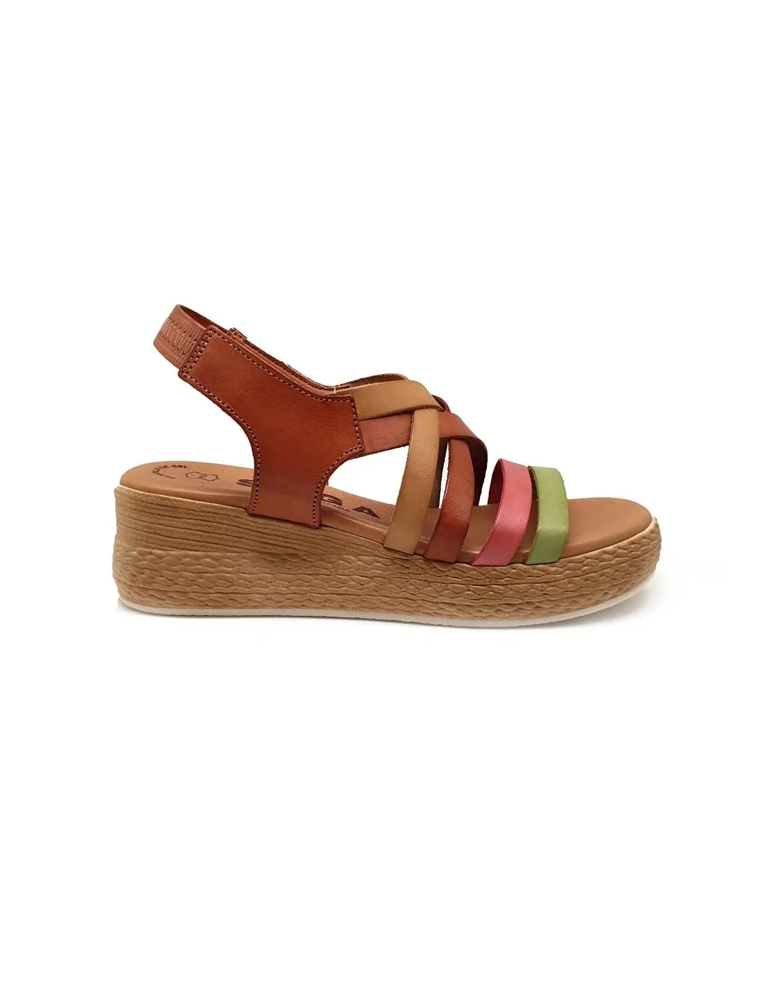 SAGA SANDALIA PIEL MUJER CON ELÁSTICO TRASERO, TIRAS DE COLORES Y CUÑA IMITACIÓN YUTE M202BALI