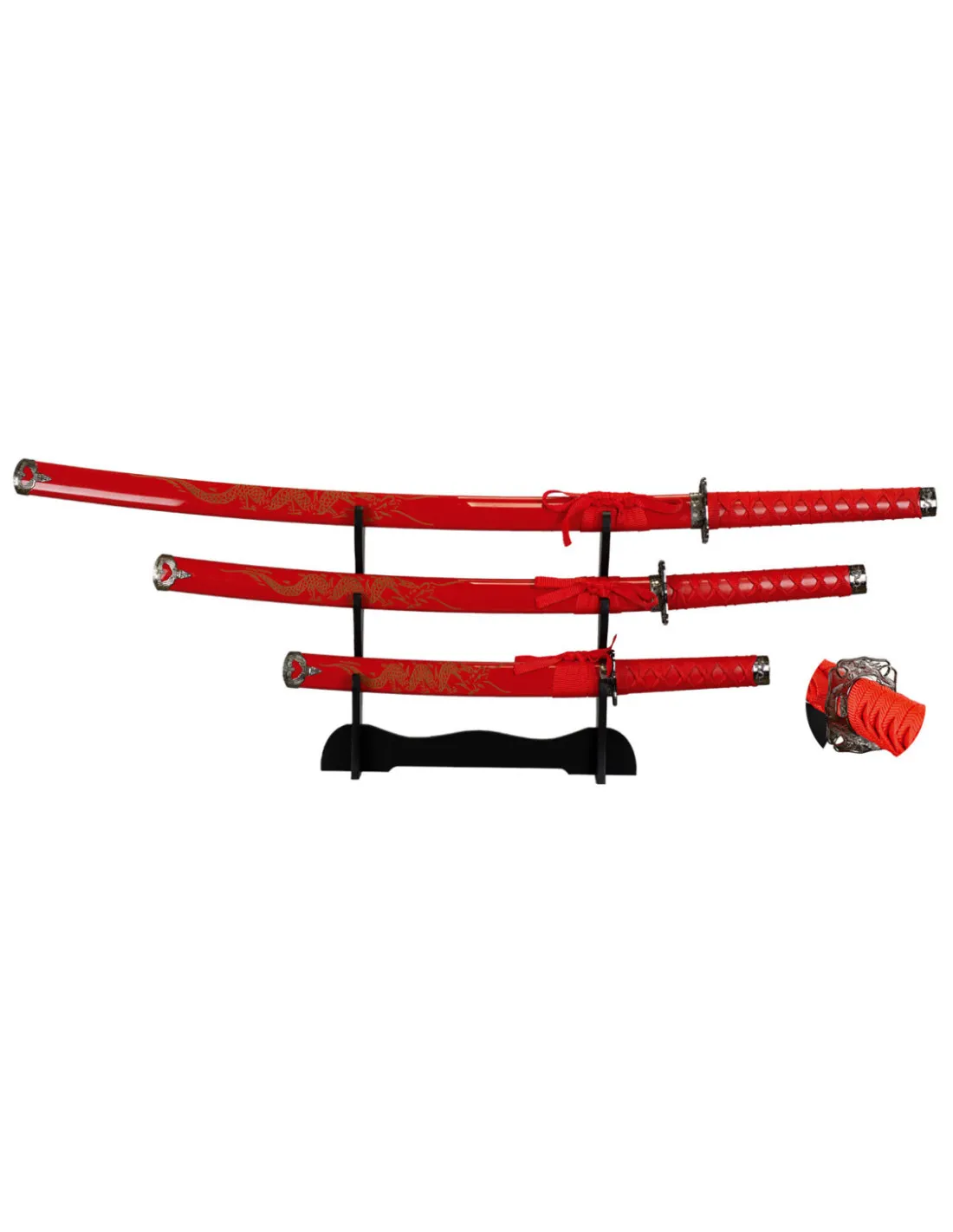 Set de 3 katanas Dragón rojas con stand de sobremesa