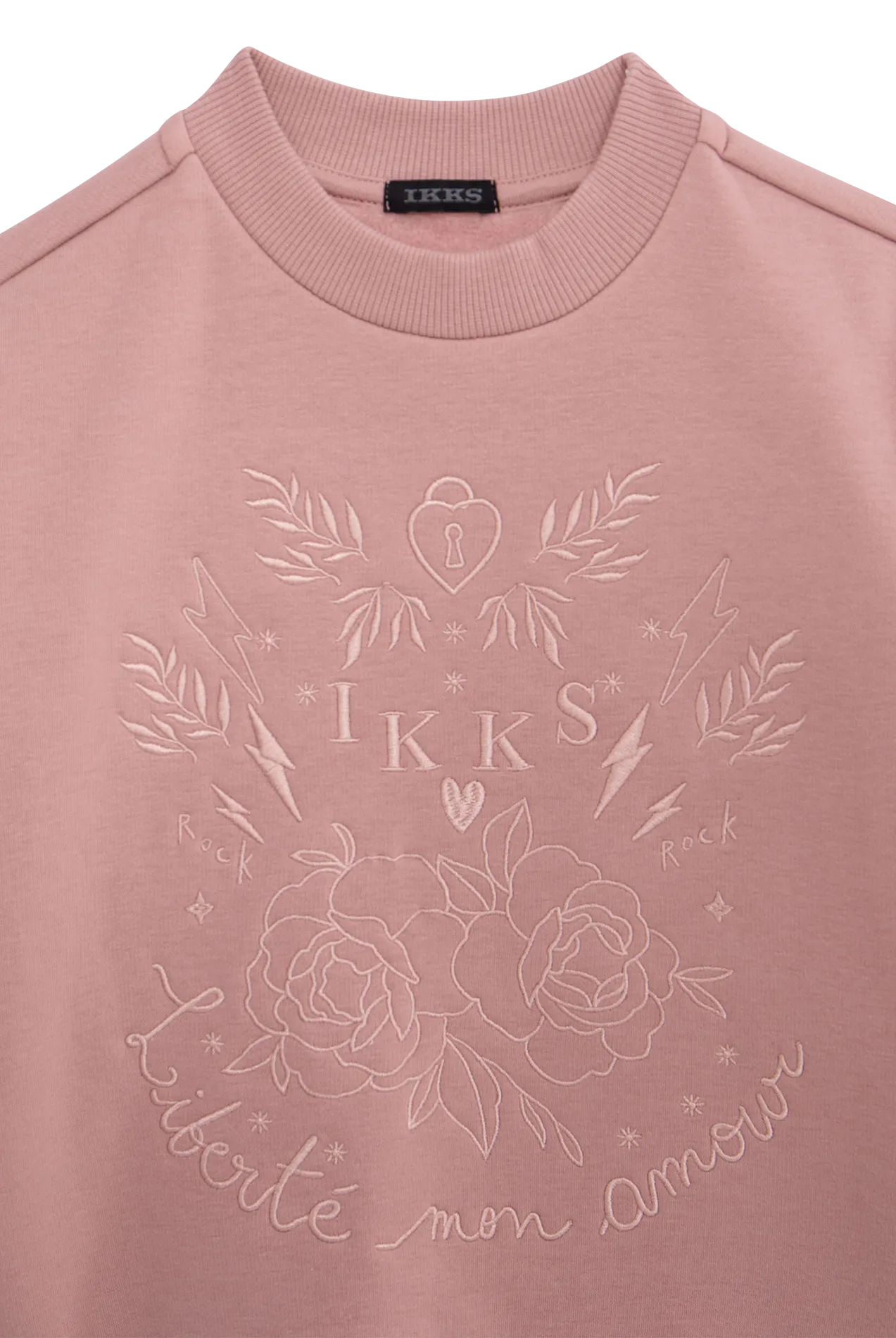 Sudadera amplia con cuello redondo bordado en rosa