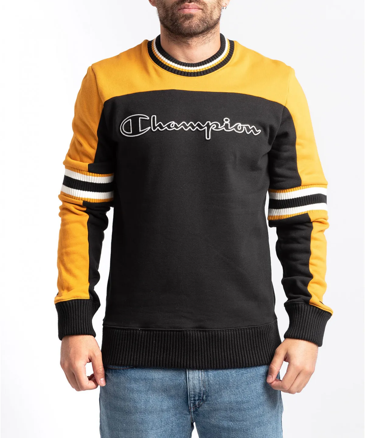 SUDADERA CHAMPION HOMBRE CUELLO REDONDO NECK BOX HOODIE REF. 213420KK004 BLKSU NEGRA Y AMARILLA