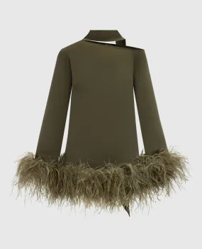 Taller Marmo Green Adige mini dress with ostrich feathers