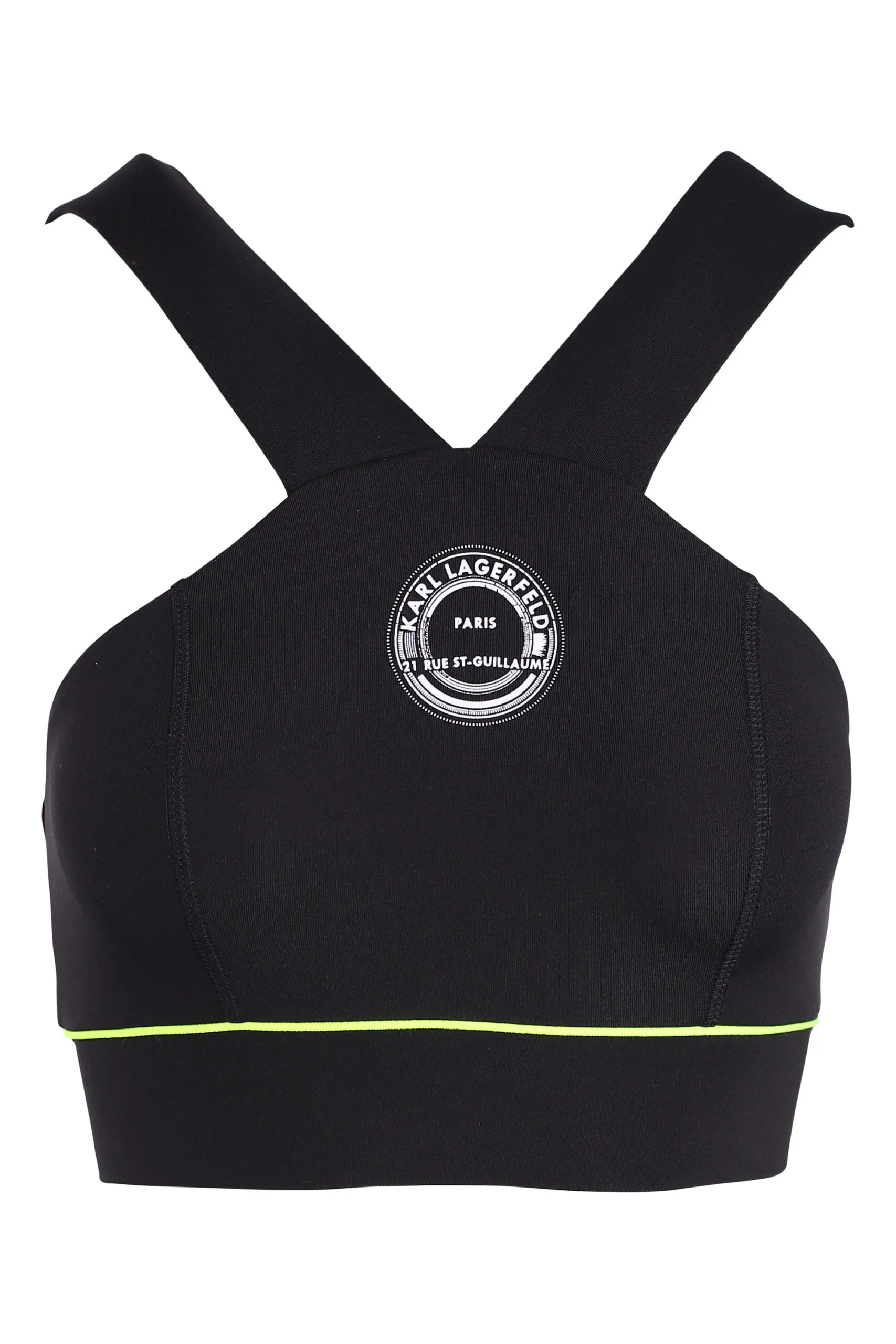 Top negro con logo redondo y linea amarilla