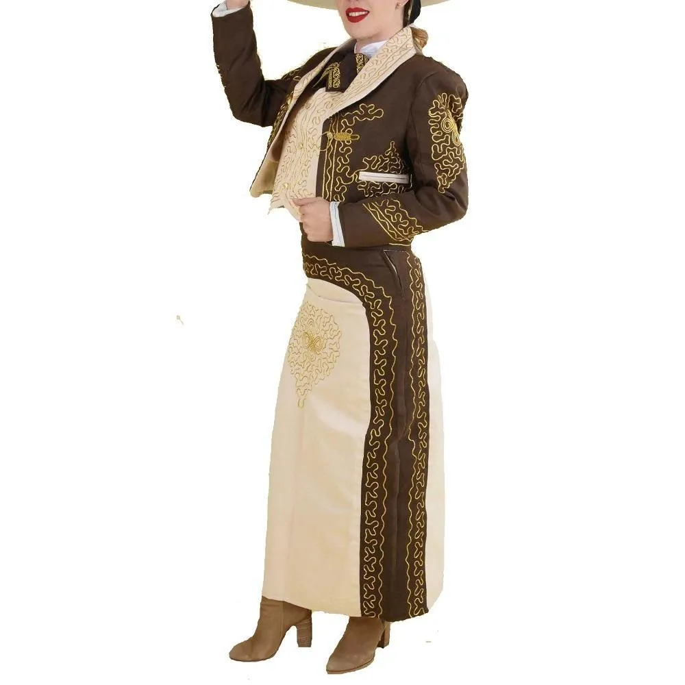 TRAJE DE CHARRO PARA MUJER DE GAMUZINA (TODO INCLUIDO) COLOR CAFE Y BEIGE IMP76107