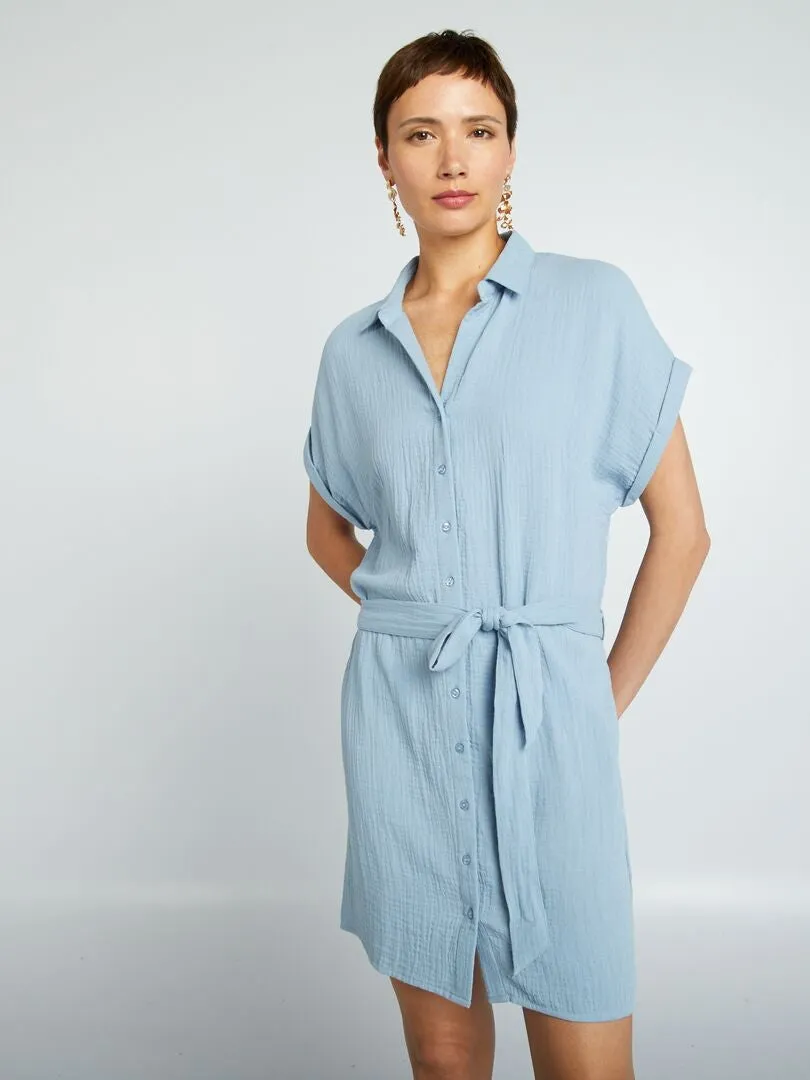 VESTIDO CORTO FORMA CAMISA DE DOBLE GASA DE ALGODóN  AZUL