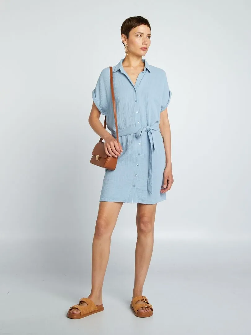 VESTIDO CORTO FORMA CAMISA DE DOBLE GASA DE ALGODóN  AZUL
