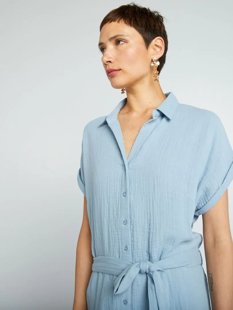 VESTIDO CORTO FORMA CAMISA DE DOBLE GASA DE ALGODóN  AZUL