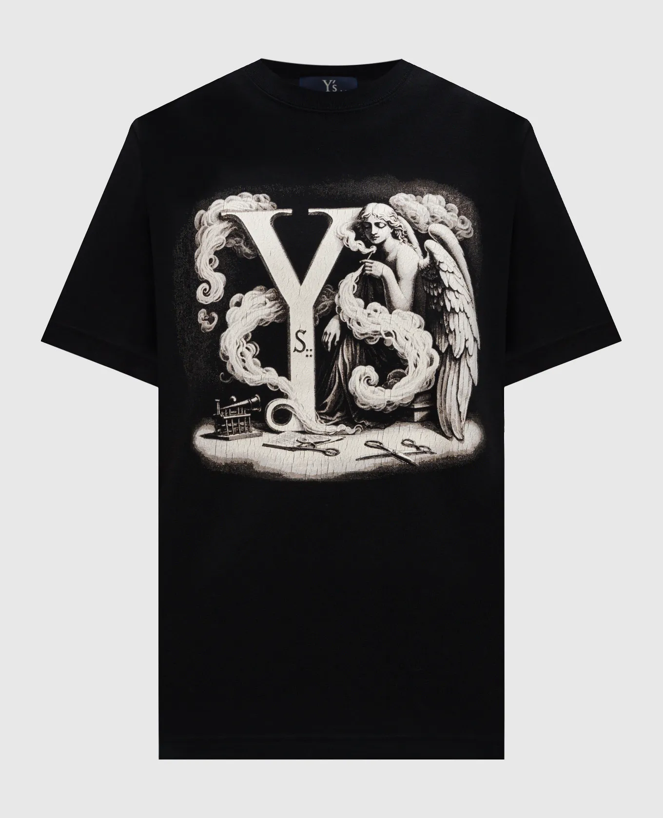 Y`S YAMAMOTO BLACK TSHIRT WITH A PRINT WITH A CRACKLE EFFECT