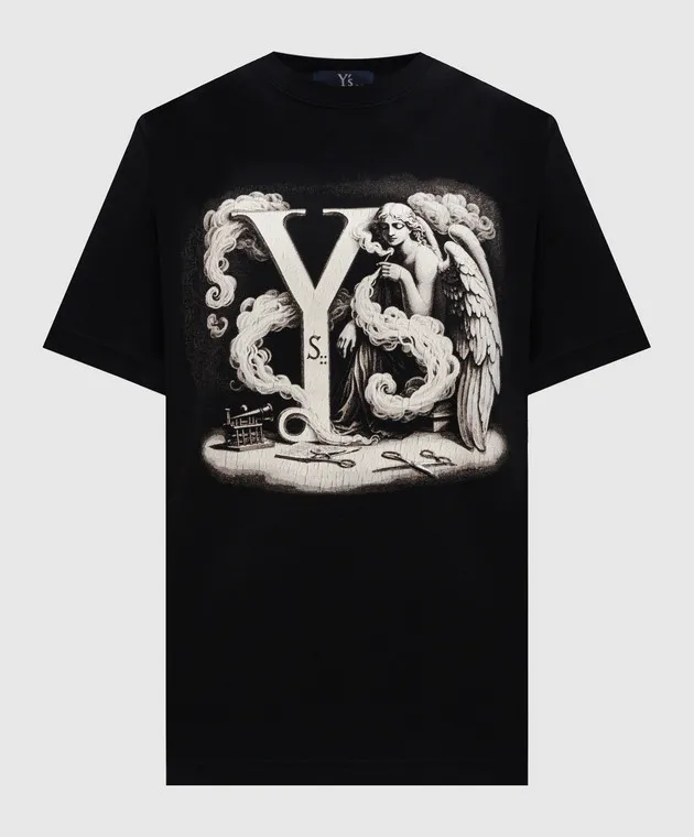 Y`S YAMAMOTO BLACK TSHIRT WITH A PRINT WITH A CRACKLE EFFECT